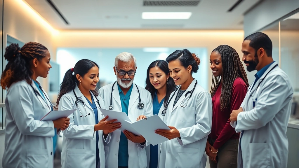 Diverse healthcare team in modern clinic setting with warm lighting, providers and staff members of different ethnicities consulting together over patient files, professional medical environment with welcoming atmosphere