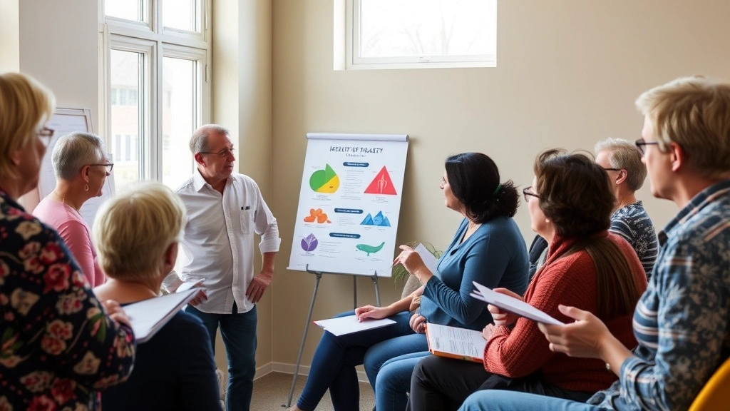 Community health education workshop with adults of various ages engaged in discussion about nutrition and wellness, instructor pointing to colorful health charts, diverse participants taking notes, natural window lighting