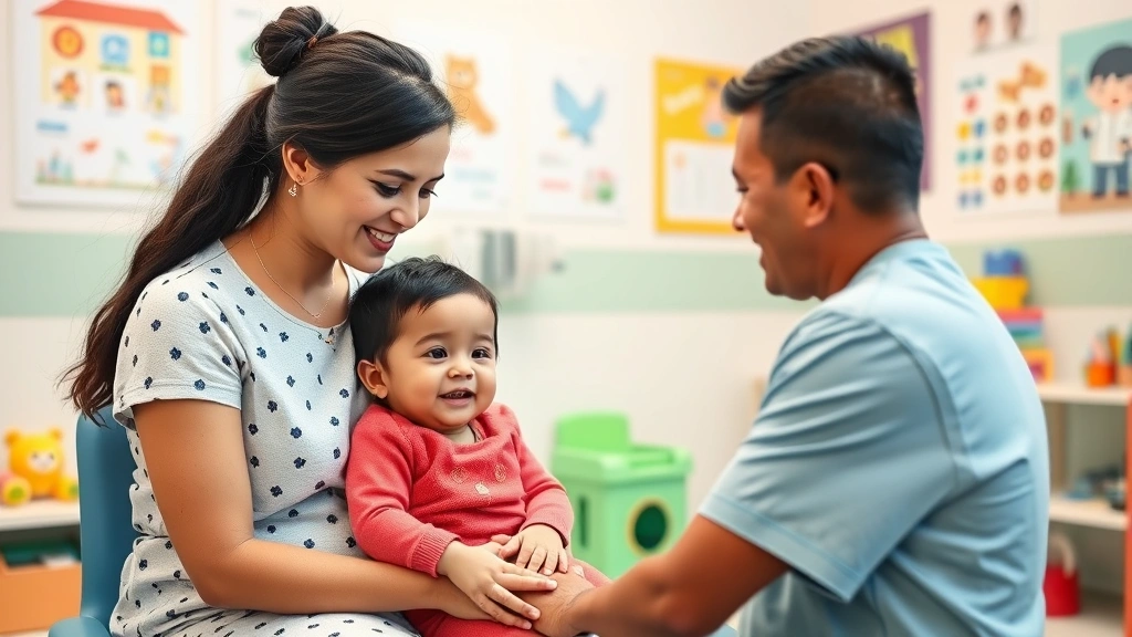 Mother with young child receiving pediatric care in bright, child-friendly clinic room with toys and educational posters, caring provider showing warmth and cultural sensitivity, family-centered healthcare moment
