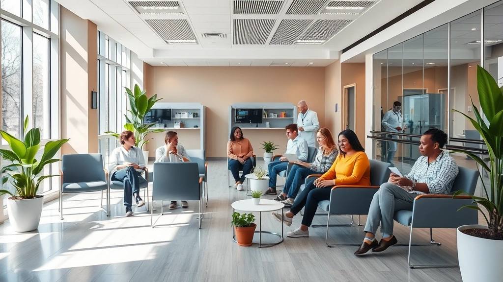 Modern diverse healthcare clinic waiting room with welcoming natural lighting, comfortable seating, diverse patients and healthcare staff collaborating, plants and warm colors creating safe healing environment
