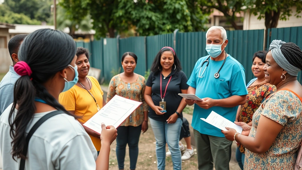 Community health worker conducting outdoor health education session with diverse group of adults in neighborhood setting, holding informational materials, everyone engaged and smiling