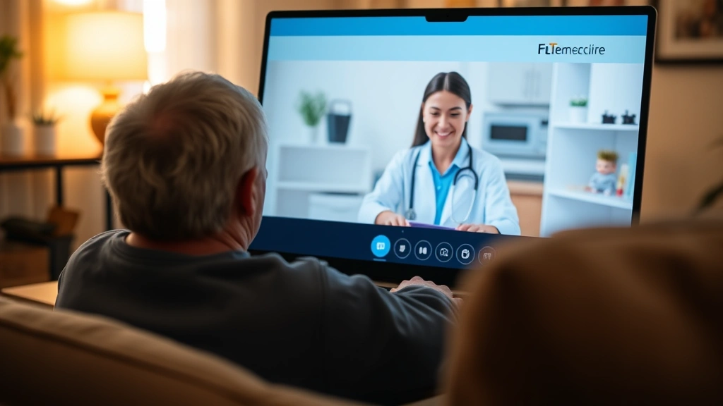 Telemedicine consultation scene showing patient on laptop with healthcare provider visible on screen, home office setting, warm lighting, showing accessibility and comfort of remote healthcare