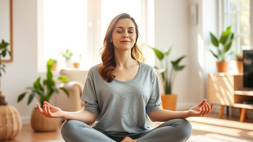 Serene woman meditating in modern bright living room with plants, natural sunlight streaming through windows, peaceful expression, comfortable casual clothing, morning wellness routine