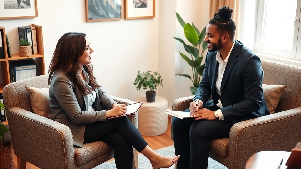 Professional therapist and client in warm inviting office, comfortable seating, natural light, notepad visible, supportive conversation, diverse representation, professional yet welcoming environment