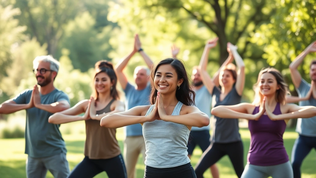 Group of diverse people in outdoor park setting doing yoga or stretching together, morning sunlight, healthy active lifestyle, smiling faces, community wellness activity, natural green background