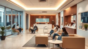 Modern medical clinic interior with warm lighting, comfortable seating area, diverse patients in waiting room, contemporary healthcare environment, welcoming atmosphere, professional yet relaxing design