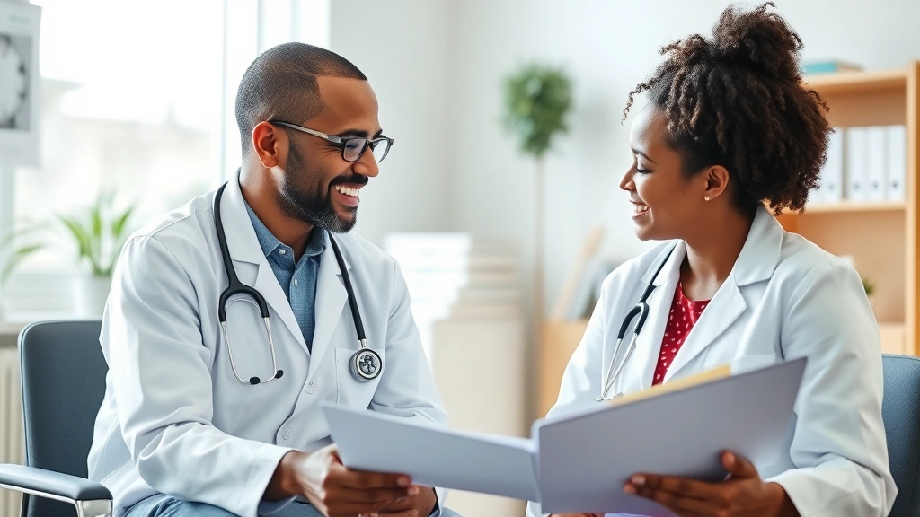 Healthcare provider in white coat consulting with patient during appointment, both smiling, bright clinical office with natural light, medical charts visible, compassionate interaction, diverse representation