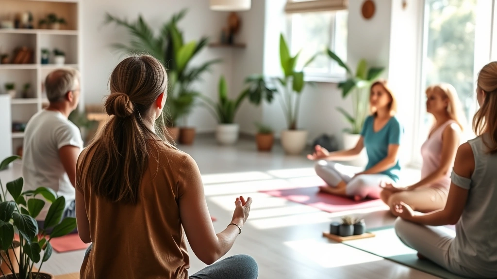 Wellness program session showing group meditation or yoga class in clinic space, people of various ages relaxed and focused, calm environment with plants, natural light streaming through windows, holistic health atmosphere