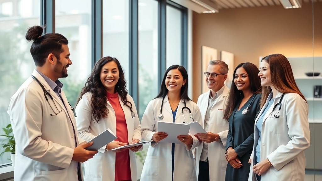 Professional healthcare team in modern clinic setting having collaborative discussion, natural lighting, diverse staff members smiling, contemporary medical office environment with warm tones