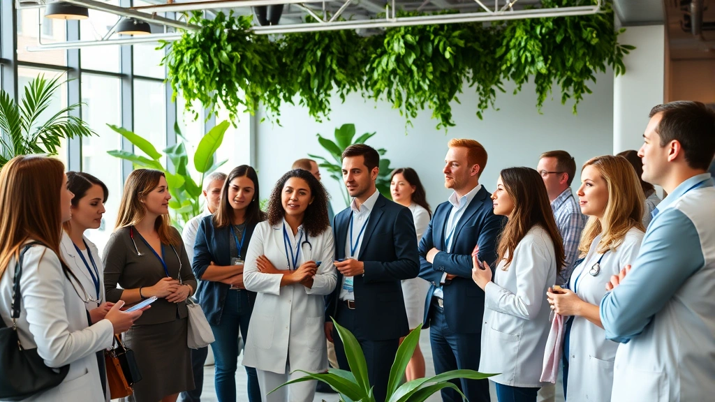 Group of healthcare professionals from different disciplines networking at wellness conference, diverse team in business casual attire, collaborative atmosphere, modern event space with greenery and natural light