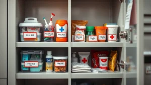 Organized school locker with labeled containers of first aid supplies, hygiene products, and snacks neatly arranged, bright natural lighting, realistic textures of bandages and medical supplies