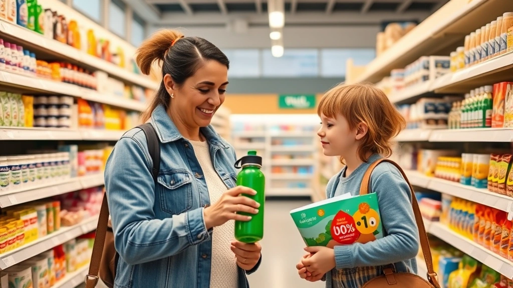 Parent and child shopping together selecting colorful reusable water bottle, healthy snacks, and wellness items in modern pharmacy aisle, warm natural lighting, genuine interaction