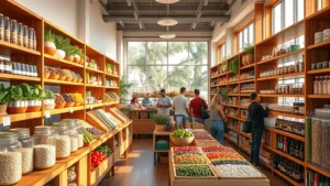 Bright, airy health food store interior with wooden shelves displaying colorful organic produce, glass containers of grains and legumes, warm natural lighting from large windows, customers browsing wellness products, modern-rustic aesthetic