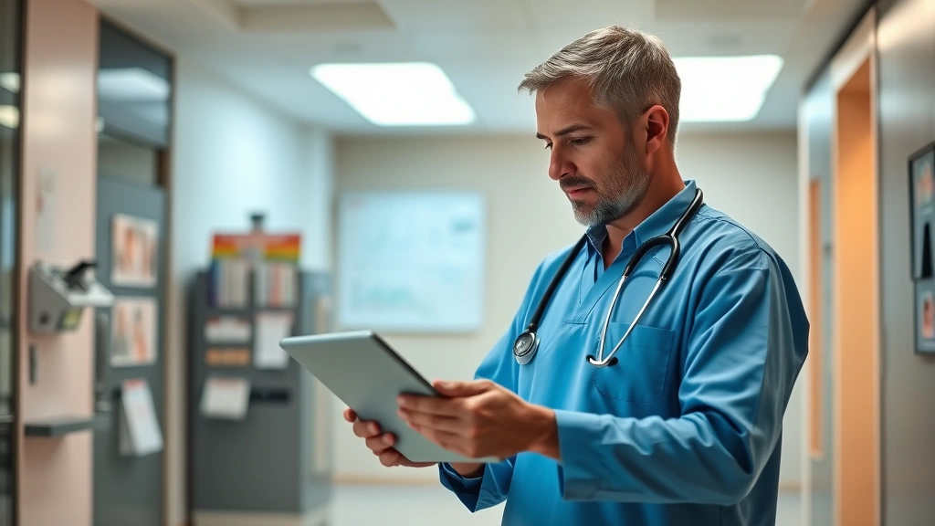 Healthcare professional in modern clinic reviewing digital patient records on tablet computer, warm lighting, professional medical environment with charts visible in background