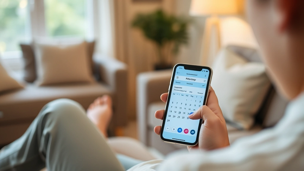 Patient using smartphone to schedule medical appointment while sitting in comfortable living room, calendar app visible on screen, relaxed home setting with natural window light