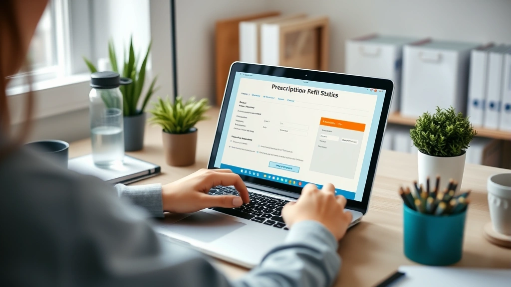 Person checking prescription refill status on laptop computer at home desk, medical records displayed, organized workspace with wellness items like water bottle and plant nearby