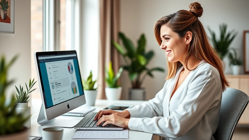 Woman sitting at home office desk with laptop, smiling while accessing digital health records on computer screen, bright natural window light, modern minimalist workspace with plants