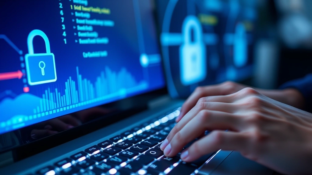 Close-up of hands typing password on keyboard with security lock icon glowing on monitor screen, cybersecurity concept, professional healthcare technology environment