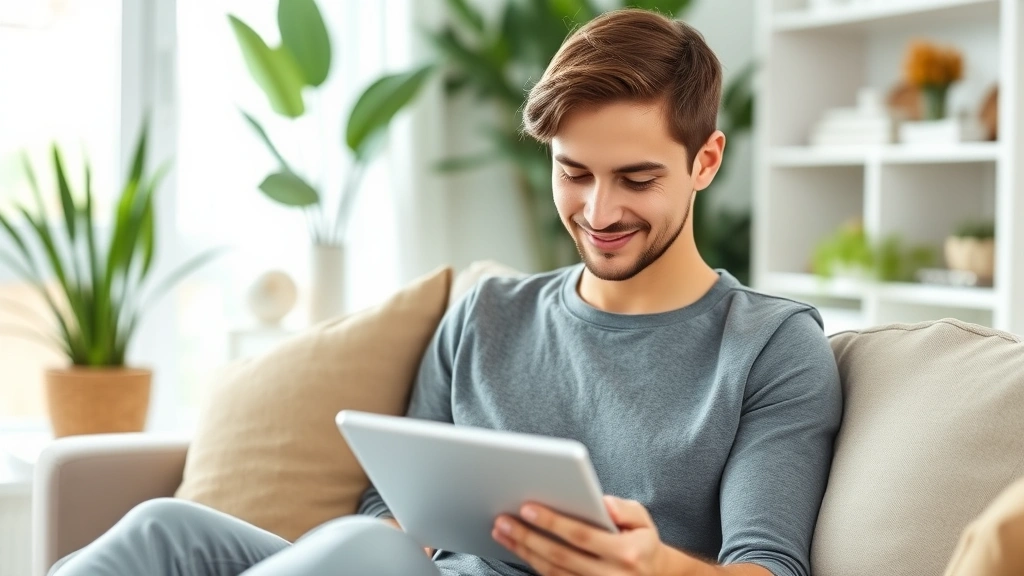 Young professional reviewing health test results on tablet device while sitting in comfortable living room, natural lighting, wellness-focused lifestyle setting