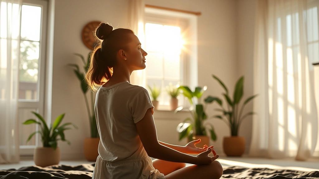 Serene woman meditating in sunlit bedroom with plants, morning sunlight streaming through windows, peaceful wellness atmosphere, photorealistic lifestyle imagery