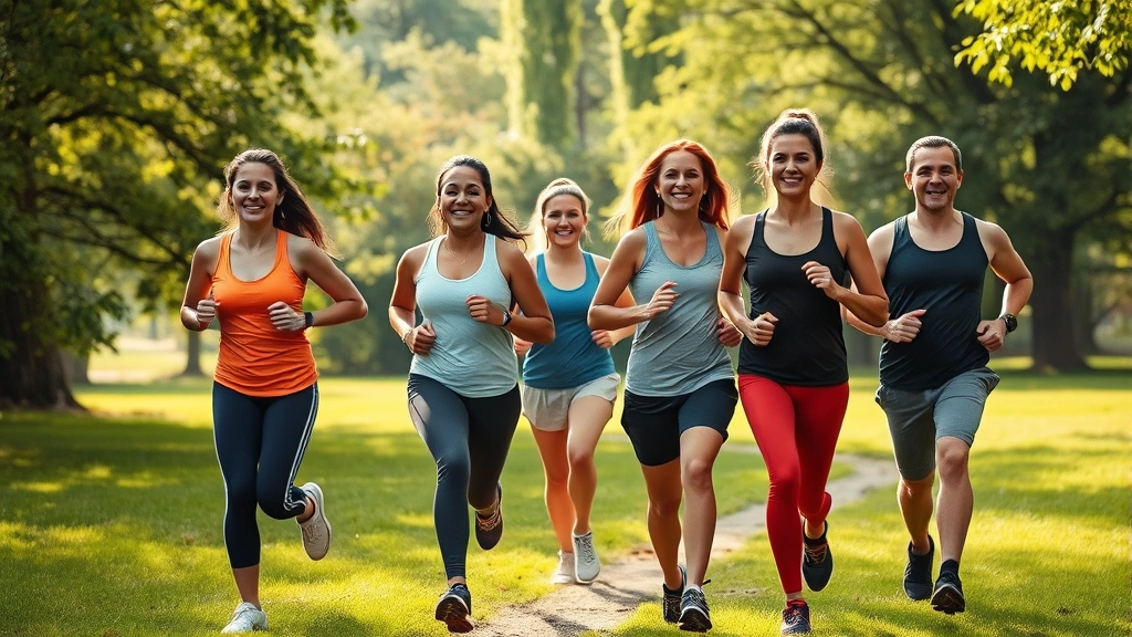Active diverse group jogging together in lush green park, smiling and energetic, natural outdoor fitness setting, morning light, vibrant wellness lifestyle