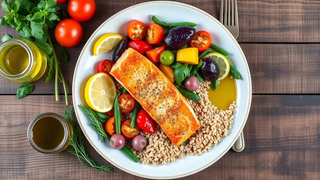 Overhead shot of colorful Mediterranean meal with salmon, vegetables, olive oil, whole grains on wooden table, natural lighting, appetizing healthy food presentation