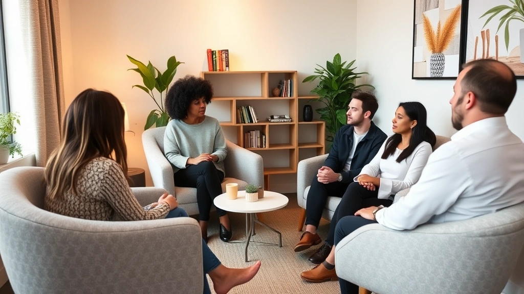 Modern therapeutic office with comfortable seating, warm lighting, diverse group in counseling session, compassionate professional interaction, calming neutral tones, contemporary wellness environment, people engaged in meaningful conversation