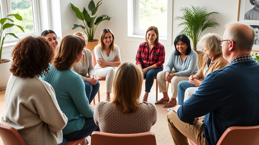 Group therapy or peer support session in circle formation, diverse individuals sharing experiences, supportive community environment, hope and healing evident, professional facilitator present, comfortable meeting space with natural light, people connecting authentically