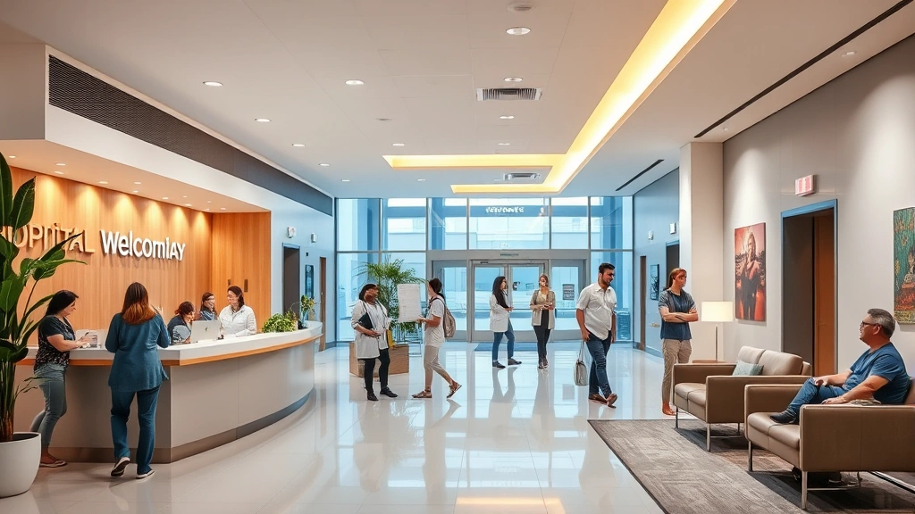 Modern hospital lobby with welcoming reception desk, warm lighting, comfortable seating areas, and diverse patients and staff interacting professionally in contemporary medical facility