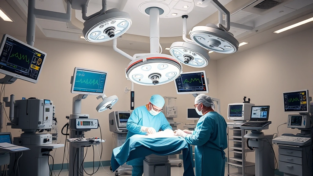 State-of-the-art surgical suite with advanced medical equipment, bright operating lights, monitors displaying vital signs, and surgical team in sterile scrubs performing procedure with precision