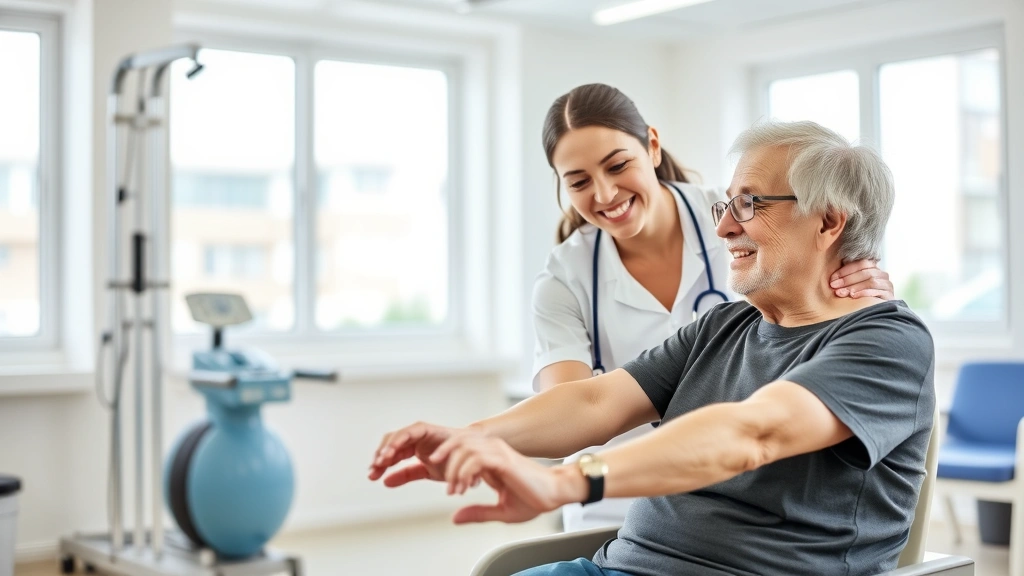 Compassionate nurse assisting elderly patient during physical therapy session in bright rehabilitation center, modern equipment visible, encouraging supportive healthcare environment
