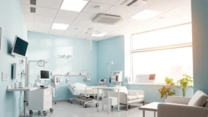 Modern hospital interior with bright natural lighting, comfortable patient room featuring soft blue walls, medical equipment, and family seating area with warm lighting and welcoming atmosphere