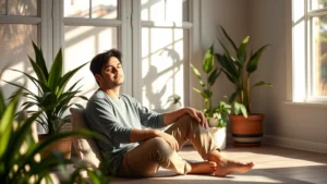 Person sitting peacefully in sunlit room with plants, warm natural light streaming through windows, serene expression, comfortable casual clothing, minimalist modern interior, soft shadows creating calm atmosphere