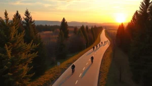 Aerial view of Spokane's Centennial Trail at sunrise with joggers and cyclists on paved pathway surrounded by evergreen trees and mountains in distance, golden morning light, professional lifestyle photography