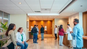 Modern healthcare clinic reception area with diverse patients and medical staff collaborating, warm lighting, welcoming atmosphere, Spokane Washington medical facility