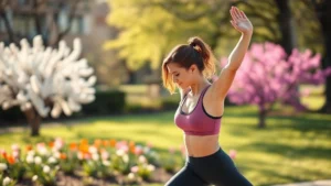Woman stretching outdoors in morning sunlight wearing athletic wear, spring flowers blooming in soft-focus background, peaceful spring park setting