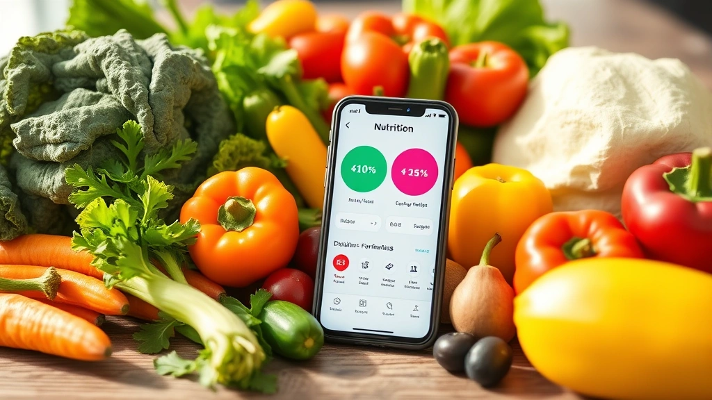 Colorful spring vegetables and fresh fruits arranged on wooden table with smartphone showing nutrition tracking app, natural daylight streaming