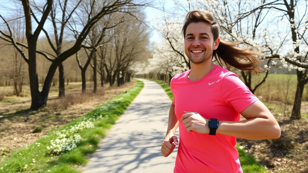 Person jogging on scenic spring trail with trees and blossoms, wearing fitness tracker smartwatch, happy energetic expression, outdoor wellness
