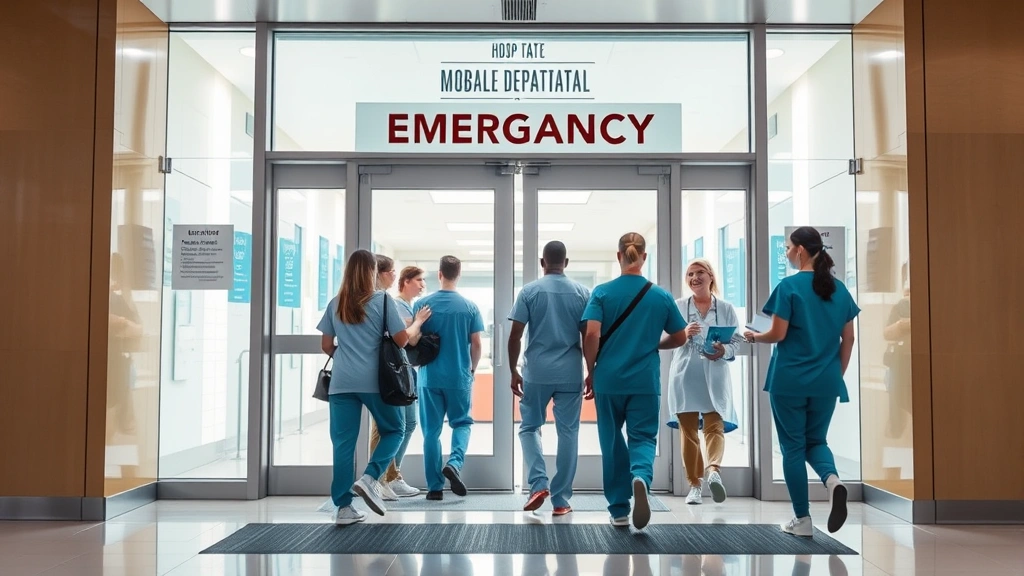 Modern hospital emergency department entrance with glass doors, professional medical staff in scrubs greeting patients, bright natural lighting, contemporary architecture, welcoming atmosphere, people in motion suggesting active care delivery