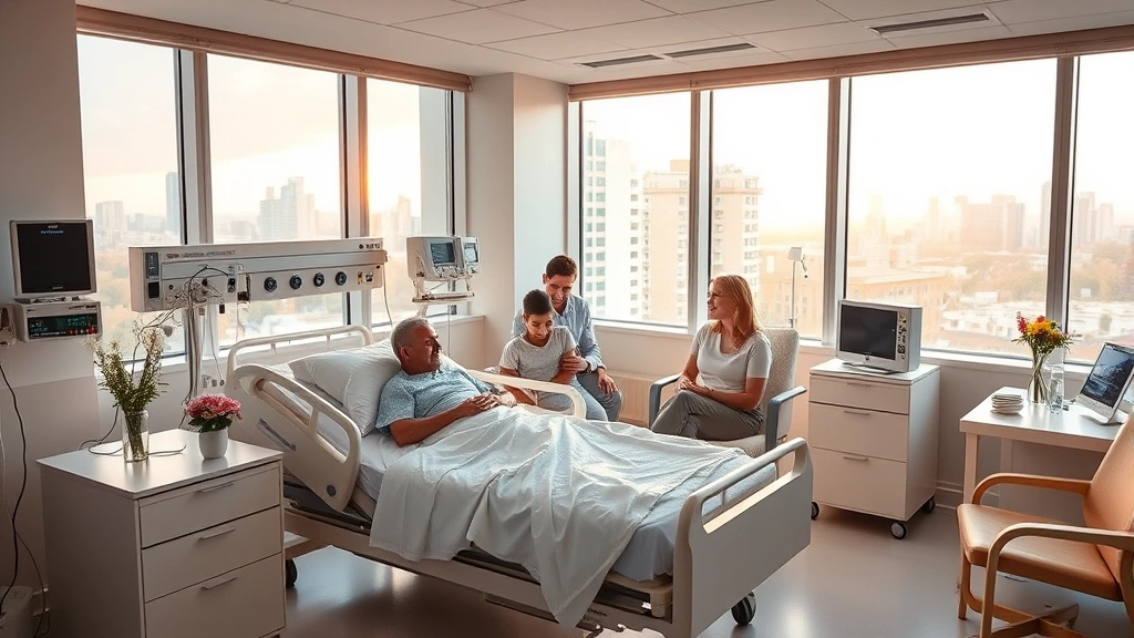 Bright patient hospital room with comfortable bed, family members visiting, large windows with city view, contemporary furniture, medical equipment discreetly integrated, warm lighting, flowers on bedside table, peaceful healing environment