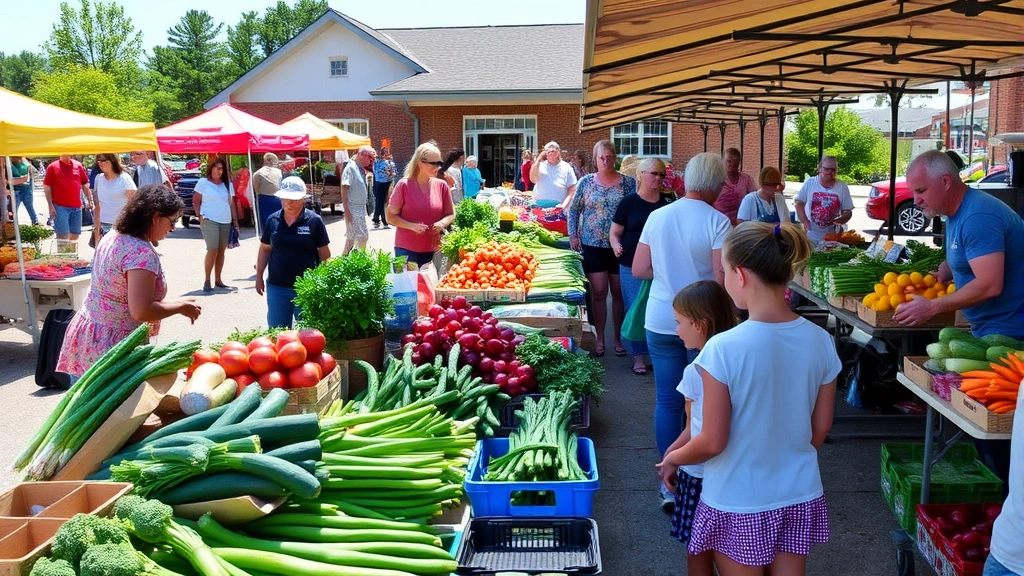 Vibrant farmers market scene in St. Clair County with fresh produce displays, community members shopping, diverse vendors, sunny day with community center building visible, families selecting vegetables