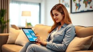 Professional woman using tablet to access patient portal on comfortable home couch, warm lighting, healthcare technology interface visible on screen, modern living room setting