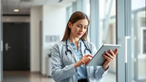 Professional woman in modern medical office confidently using tablet computer to access digital health records, bright natural lighting, contemporary healthcare environment, wearing business casual attire