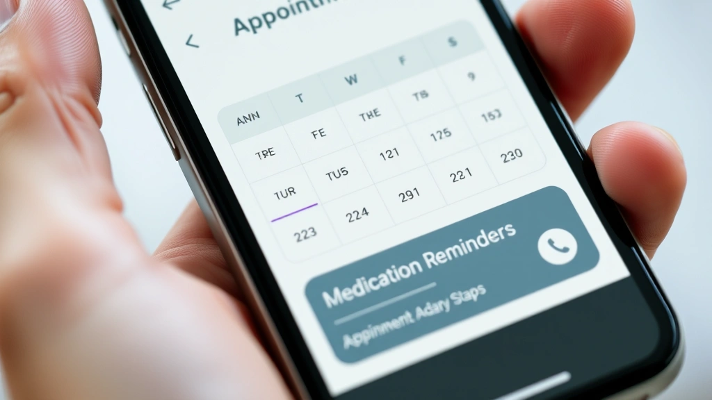 Close-up of smartphone screen displaying health appointment calendar with time slots, medication reminders notification, clean interface design, hands holding device, modern minimalist aesthetic