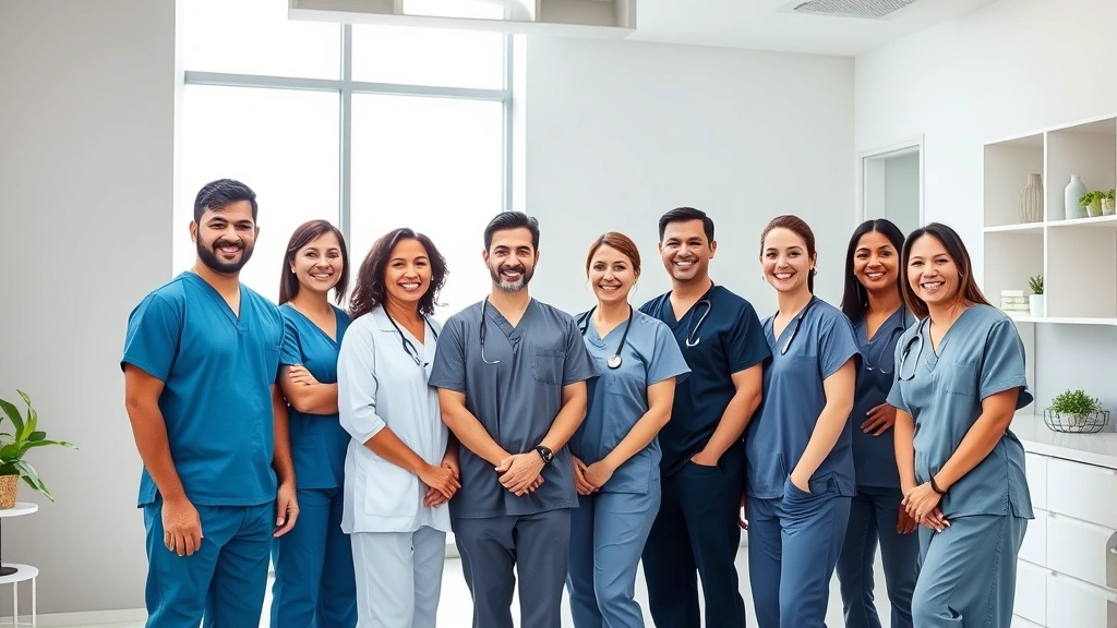 Diverse group of healthcare professionals in modern clinic wearing scrubs, standing confidently in bright, contemporary medical office with natural light, clean minimalist design, genuine smiles, representing multidisciplinary team approach to wellness