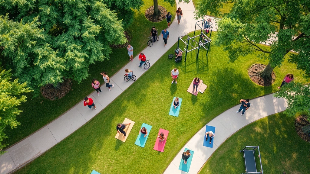 Aerial view of community fitness park with diverse people exercising outdoors including walking paths, outdoor gym equipment, yoga mats on grass, trees providing shade, families and individuals of various ages and abilities participating