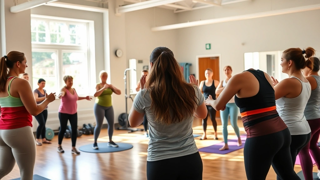 Wellness coordinator leading group fitness class in community center studio with enthusiastic diverse participants, natural window light, modern equipment, uplifting energetic atmosphere, people of various body types and ages enjoying movement together