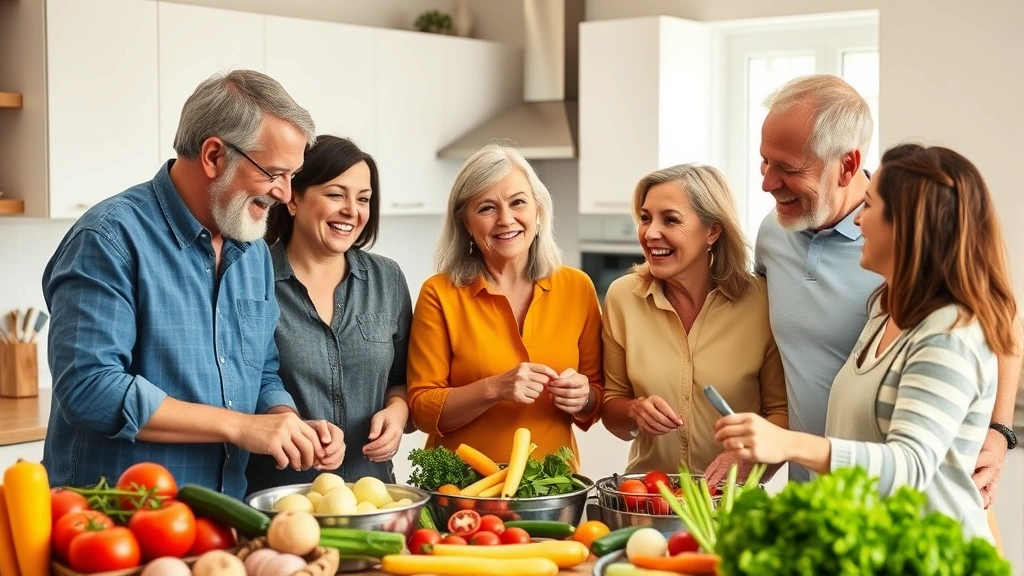 Multi-generational family laughing together in bright kitchen, preparing colorful vegetables for meal, warm natural lighting, casual comfortable clothing, genuine joy and connection