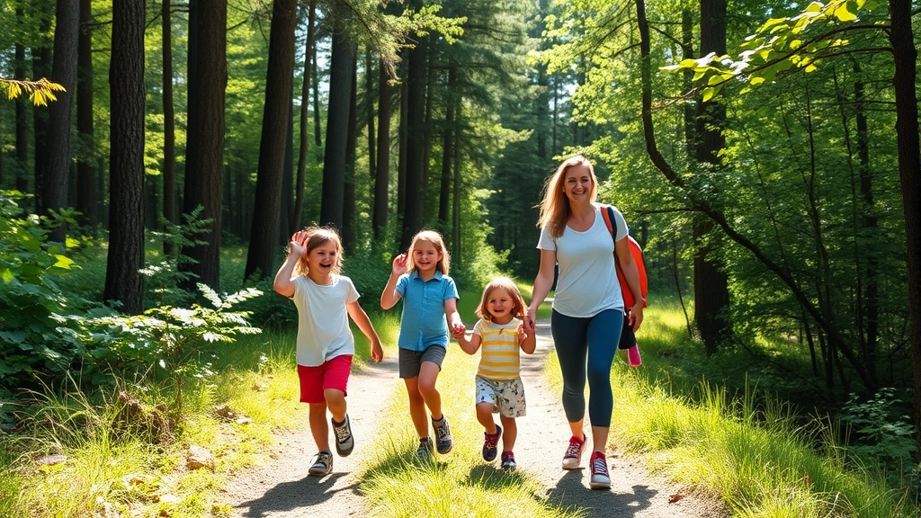 Parents and children hiking on scenic trail through forest, smiling and holding hands, dappled sunlight through trees, active wear, peaceful natural background, family bonding