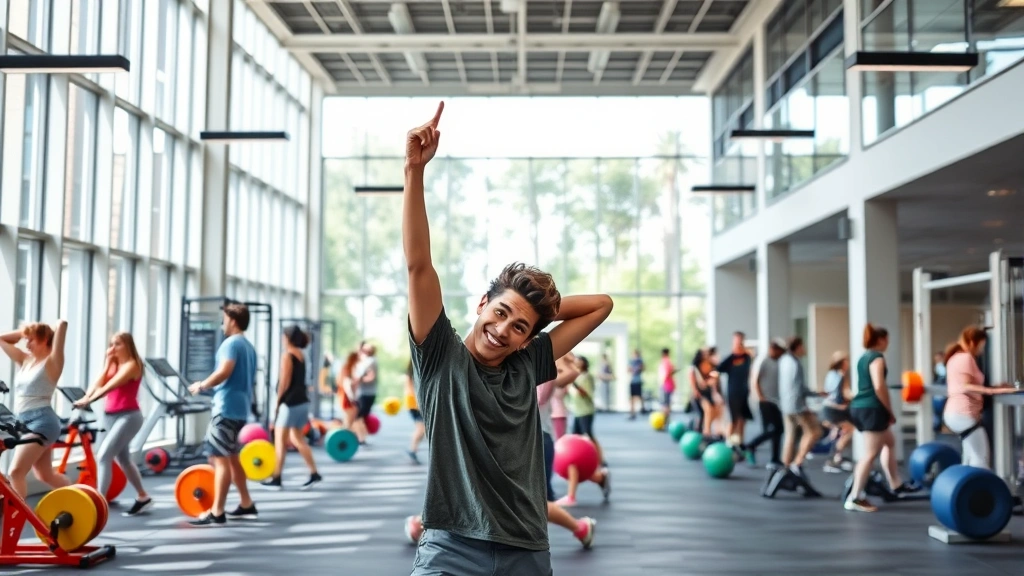Young college student stretching in modern university recreation center with floor-to-ceiling windows, natural sunlight, colorful fitness equipment, diverse peers working out, energetic vibrant atmosphere